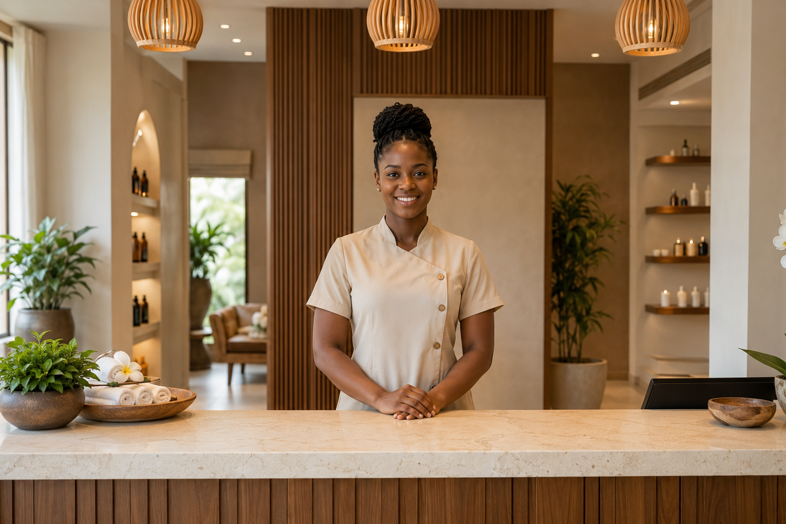 A welcoming receptionist standing at a modern wellness front desk
